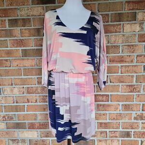 Tori Richard Dress M Stretch Blouson Waist Shirred Dolman Sleeves Abstract Print